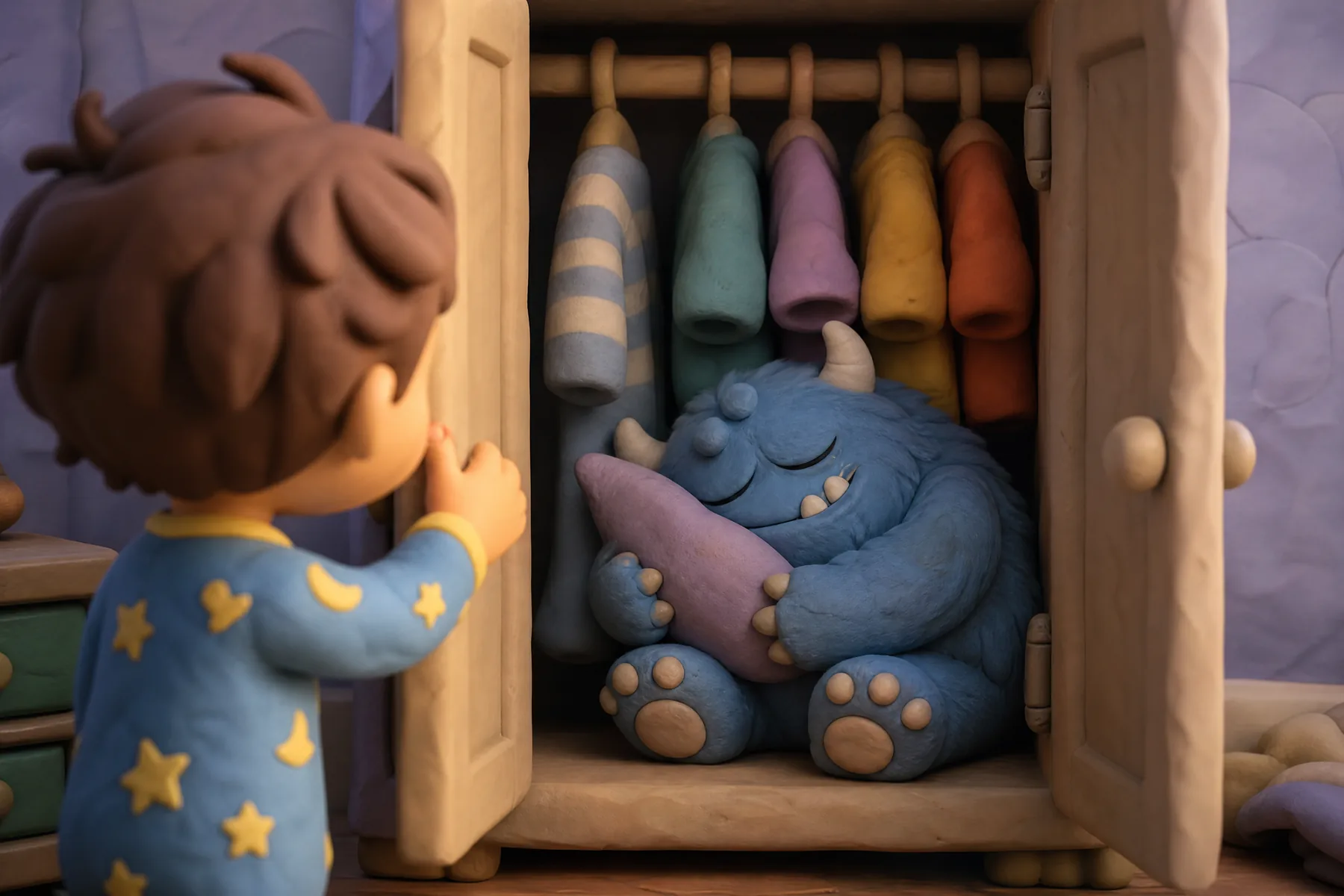 A spread from What Lives in Sam's Wardrobe, illustrated in the Soft Clay 3D style