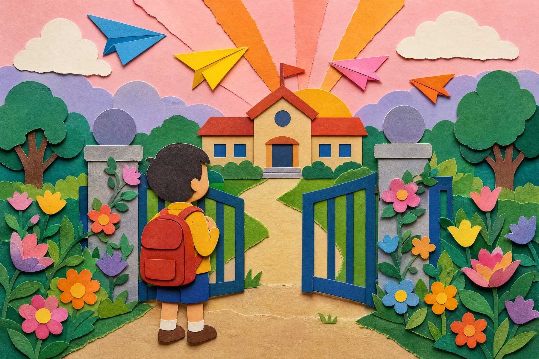A spread from Ada and the Brand New Door, illustrated in the Paper Collage style