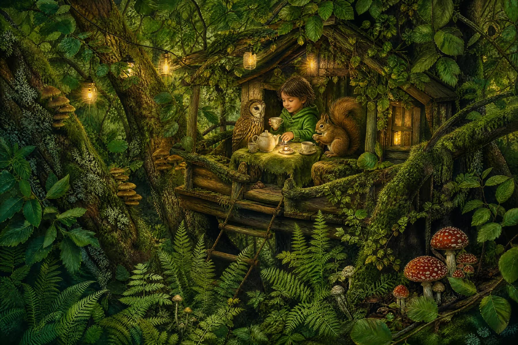 A spread from Tea in the High Branches, illustrated in the Woodland style