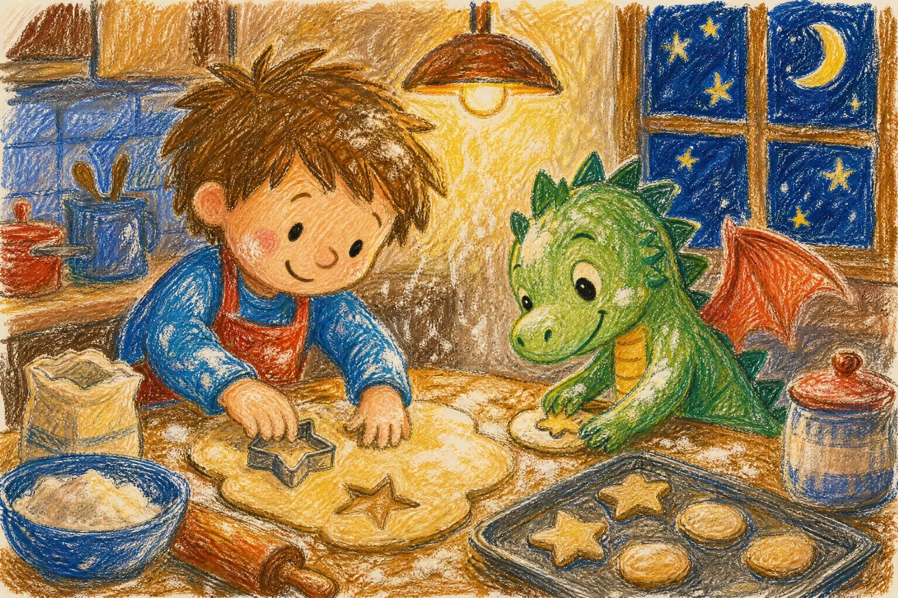 A spread from Biscuits with a Very Small Dragon, illustrated in the Crayon & Pencil style