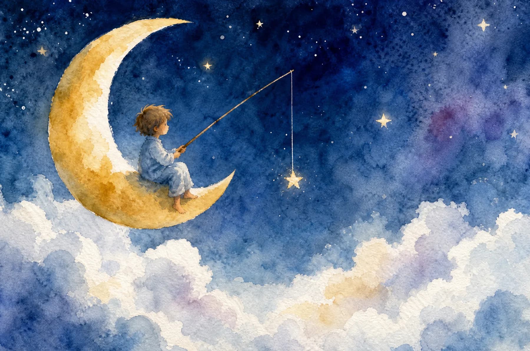 A spread from Theo Goes Fishing for Stars, illustrated in the Soft Watercolour style
