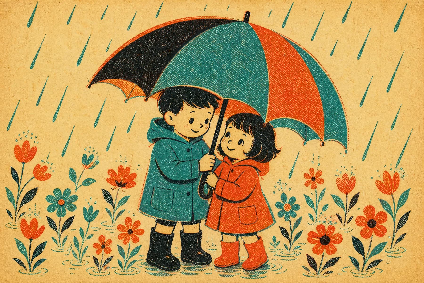 A spread from One Umbrella, Two Heads, illustrated in the Vintage Print style