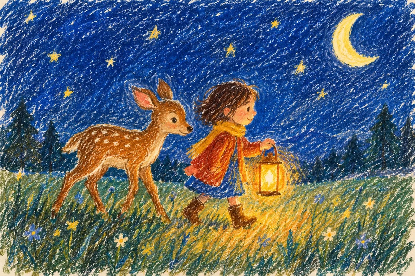 The same meadow scene rendered in the Crayon & Pencil style