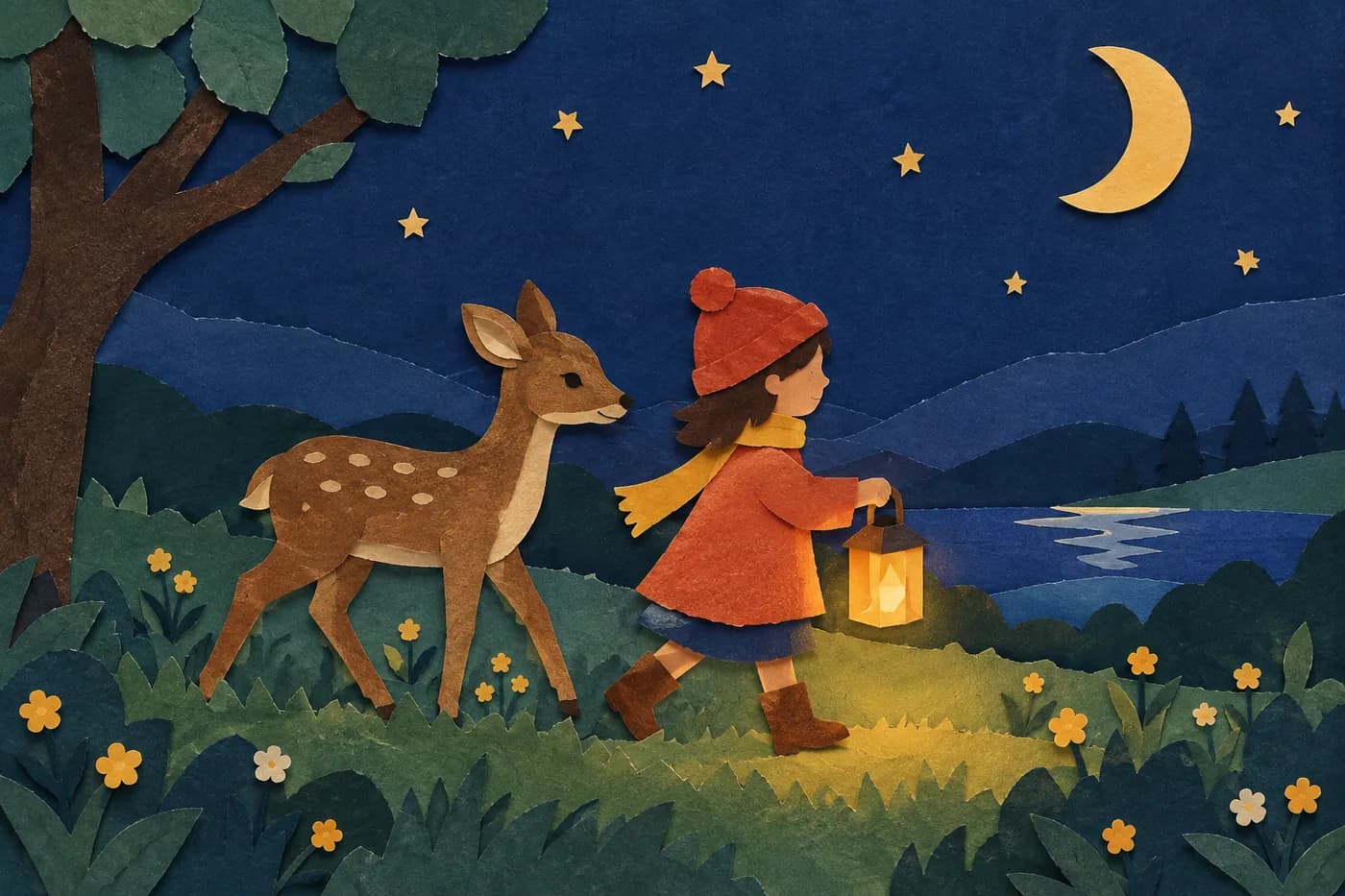 The same meadow scene rendered in the Paper Collage style