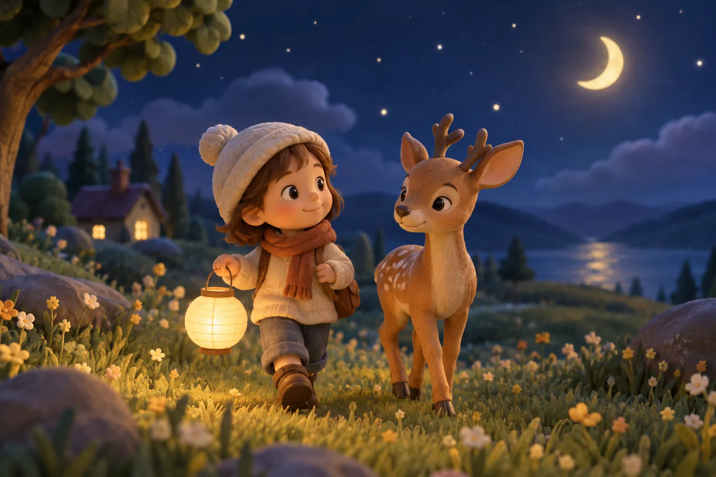 The same meadow scene rendered in the Soft Clay 3D style