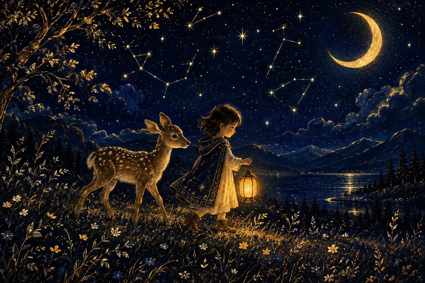 The same meadow scene rendered in the Starlight Ink style