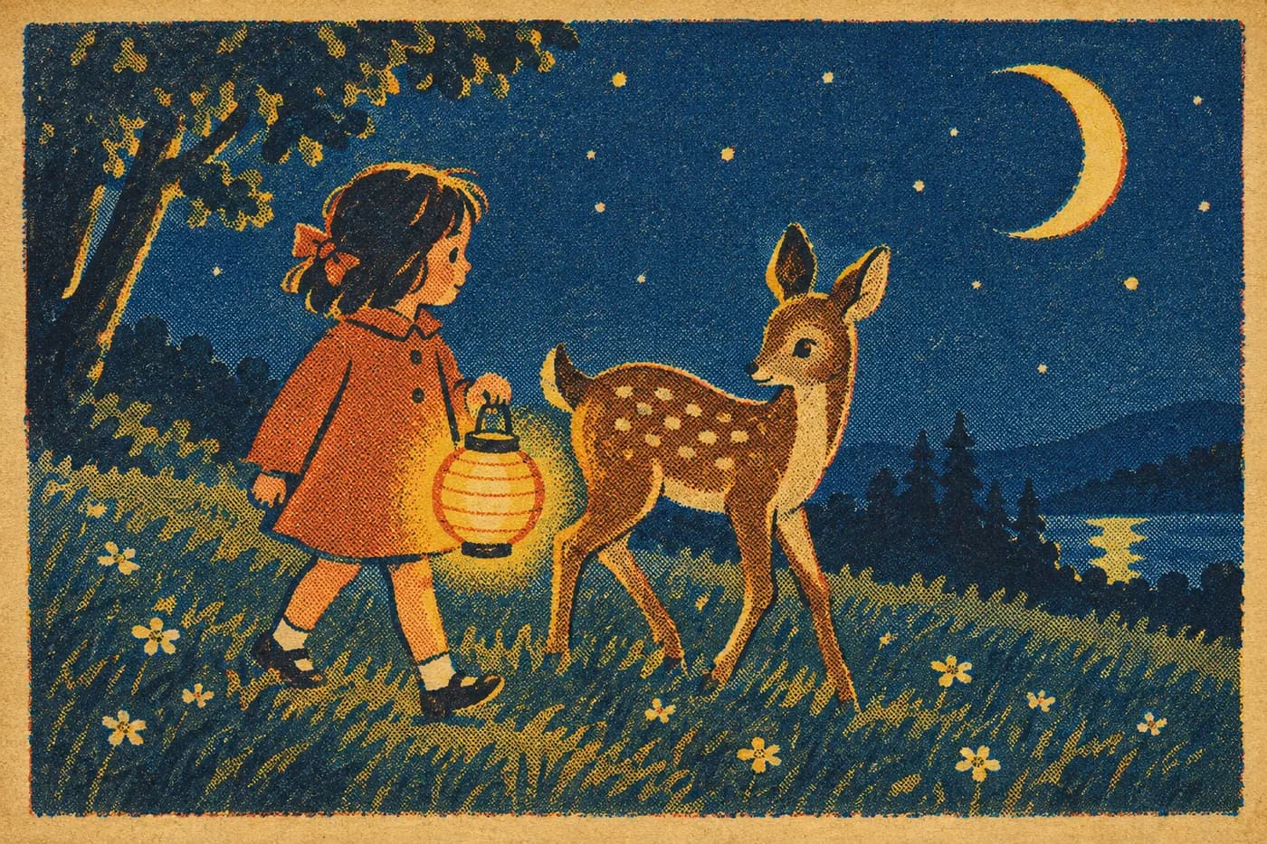 The same meadow scene rendered in the Vintage Print style