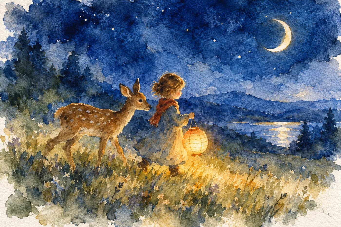 The same meadow scene rendered in the Soft Watercolour style